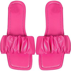 image:imageOYOANGLE Womens Leather Square Toe Sandals Ruched Single Band Outdoor Casual Flat SlippersHot Pink