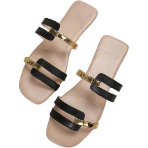 image:imageOYOANGLE Womens Metallic Cut Out Square Toe Sandals Dressy PU Leather Slip on FlatsBlack