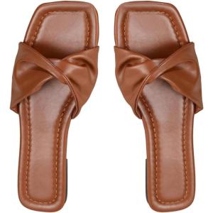 image:imageOYOANGLE Womens Twist Leather Sandals Dressy Open Square Toe Slip on Slides ShoeBrown