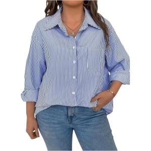 image:imageOYOANGLE Womens Plus Size Striped Button Down Shirts Long Sleeve Blouse Work Casual Pocket Front TopsBlue