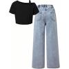 image:imageOYOANGLE Girls 2 Pieces Outfits Y2K Letter Print Top Shirts and Denim Loose Long Pants Jeans SetsBlue and Black