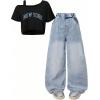 image:imageOYOANGLE Girls 2 Pieces Outfits Y2K Letter Print Top Shirts and Denim Loose Long Pants Jeans SetsBlue and Black