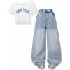 image:imageOYOANGLE Girls 2 Pieces Outfits Y2K Letter Print Top Shirts and Denim Loose Long Pants Jeans SetsBlue and White