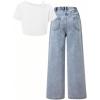 image:imageOYOANGLE Girls 2 Pieces Outfits Y2K Letter Print Top Shirts and Denim Loose Long Pants Jeans SetsBlue and White