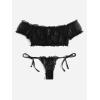 image:imageOYOANGLE Womens 2 Piece Lingerie Set Mesh Sheer Lettuce Trim Tie Front Bra and Thong SetsBlack