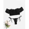 image:imageOYOANGLE Womens 2 Piece Lingerie Set Mesh Sheer Lettuce Trim Tie Front Bra and Thong SetsBlack