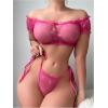 image:imageOYOANGLE Womens 2 Piece Lingerie Set Mesh Sheer Lettuce Trim Tie Front Bra and Thong SetsHot Pink