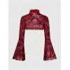 image:imageOYOANGLE Womens Floral Lace Mesh Bell Sleeve Shrug Bolero Open Front Stand Collar Goth Crop TopsBurgundy