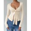 image:imageOYOANGLE Womens Long Sleeve Tie Knot Front V Neck TShirt Split Hem Trendy Tunic Casual Wrap Crop TopsApricot