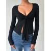 image:imageOYOANGLE Womens Long Sleeve Tie Knot Front V Neck TShirt Split Hem Trendy Tunic Casual Wrap Crop TopsBlack