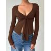 image:imageOYOANGLE Womens Long Sleeve Tie Knot Front V Neck TShirt Split Hem Trendy Tunic Casual Wrap Crop TopsCoffee Brown