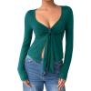 image:imageOYOANGLE Womens Long Sleeve Tie Knot Front V Neck TShirt Split Hem Trendy Tunic Casual Wrap Crop TopsDark Green