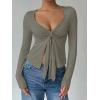 image:imageOYOANGLE Womens Long Sleeve Tie Knot Front V Neck TShirt Split Hem Trendy Tunic Casual Wrap Crop TopsGrey