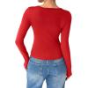 image:imageOYOANGLE Womens Long Sleeve Tie Knot Front V Neck TShirt Split Hem Trendy Tunic Casual Wrap Crop TopsRed
