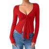 image:imageOYOANGLE Womens Long Sleeve Tie Knot Front V Neck TShirt Split Hem Trendy Tunic Casual Wrap Crop TopsRed