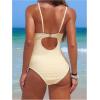 image:imageOYOANGLE Womens Maternity One Piece Swimsuits Textured Shell Decor V Neck Pregnancy Bathing SuitBeige