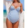 image:imageOYOANGLE Womens Maternity One Piece Swimsuits Textured Shell Decor V Neck Pregnancy Bathing SuitBlue