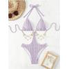 image:imageOYOANGLE Womens Ring Linked Cut Out One Piece Swimsuits Textured Tie Backless Halter Bathing Suit MonokiniPurple