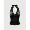 image:imageOYOANGLE Womens Y2k Halter Tank Tops Floral Embroidery Bow Lace Trim Ruched Fitted Sleeveless Going Out TopBlack