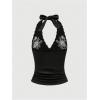 image:imageOYOANGLE Womens Y2k Halter Tank Tops Floral Embroidery Bow Lace Trim Ruched Fitted Sleeveless Going Out TopBlack