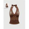 image:imageOYOANGLE Womens Y2k Halter Tank Tops Floral Embroidery Bow Lace Trim Ruched Fitted Sleeveless Going Out TopBrown