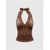 image:imageOYOANGLE Womens Y2k Halter Tank Tops Floral Embroidery Bow Lace Trim Ruched Fitted Sleeveless Going Out TopBrown