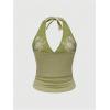 image:imageOYOANGLE Womens Y2k Halter Tank Tops Floral Embroidery Bow Lace Trim Ruched Fitted Sleeveless Going Out TopGreen