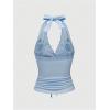 image:imageOYOANGLE Womens Y2k Halter Tank Tops Floral Embroidery Bow Lace Trim Ruched Fitted Sleeveless Going Out TopLight Blue