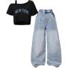 image:imageOYOANGLE Girls 2 Pieces Outfits Y2K Letter Print Top Shirts and Denim Loose Long Pants Jeans SetsBlue and Black