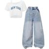 image:imageOYOANGLE Girls 2 Pieces Outfits Y2K Letter Print Top Shirts and Denim Loose Long Pants Jeans SetsBlue and White