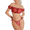 image:imageOYOANGLE Womens 2 Piece Lingerie Set Mesh Sheer Lettuce Trim Tie Front Bra and Thong SetsBurgundy