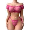 image:imageOYOANGLE Womens 2 Piece Lingerie Set Mesh Sheer Lettuce Trim Tie Front Bra and Thong SetsHot Pink