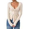 image:imageOYOANGLE Womens Long Sleeve Tie Knot Front V Neck TShirt Split Hem Trendy Tunic Casual Wrap Crop TopsApricot