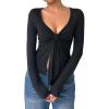 image:imageOYOANGLE Womens Long Sleeve Tie Knot Front V Neck TShirt Split Hem Trendy Tunic Casual Wrap Crop TopsBlack
