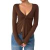image:imageOYOANGLE Womens Long Sleeve Tie Knot Front V Neck TShirt Split Hem Trendy Tunic Casual Wrap Crop TopsCoffee Brown