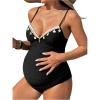 image:imageOYOANGLE Womens Maternity One Piece Swimsuits Textured Shell Decor V Neck Pregnancy Bathing SuitBlack