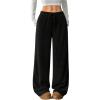 image:imageOYOANGLE Womens Ribbed Lounge Trousers Knit Comfy Drawstring Waist Straight Leg PantsBlack