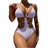 image:imageOYOANGLE Womens Ring Linked Cut Out One Piece Swimsuits Textured Tie Backless Halter Bathing Suit MonokiniPurple