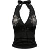 image:imageOYOANGLE Womens Y2k Halter Tank Tops Floral Embroidery Bow Lace Trim Ruched Fitted Sleeveless Going Out TopBlack