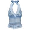 image:imageOYOANGLE Womens Y2k Halter Tank Tops Floral Embroidery Bow Lace Trim Ruched Fitted Sleeveless Going Out TopLight Blue
