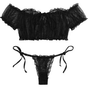 image:imageOYOANGLE Womens 2 Piece Lingerie Set Mesh Sheer Lettuce Trim Tie Front Bra and Thong SetsBlack