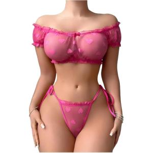 image:imageOYOANGLE Womens 2 Piece Lingerie Set Mesh Sheer Lettuce Trim Tie Front Bra and Thong SetsHot Pink