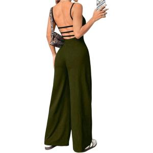 image:imageOYOANGLE Womens Backless Sleeveless Jumpsuits Wide Leg Rompers Spaghetti Strap Overalls Summer OutfitsArmy Green
