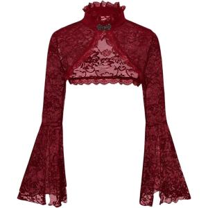 image:imageOYOANGLE Womens Floral Lace Mesh Bell Sleeve Shrug Bolero Open Front Stand Collar Goth Crop TopsBurgundy