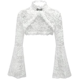 image:imageOYOANGLE Womens Floral Lace Mesh Bell Sleeve Shrug Bolero Open Front Stand Collar Goth Crop TopsWhite