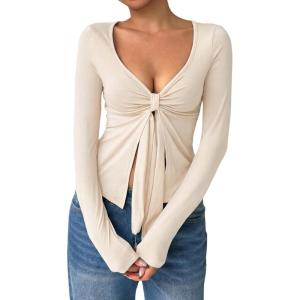 image:imageOYOANGLE Womens Long Sleeve Tie Knot Front V Neck TShirt Split Hem Trendy Tunic Casual Wrap Crop TopsApricot