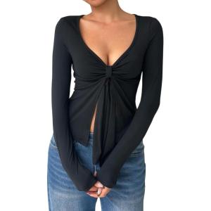 image:imageOYOANGLE Womens Long Sleeve Tie Knot Front V Neck TShirt Split Hem Trendy Tunic Casual Wrap Crop TopsBlack