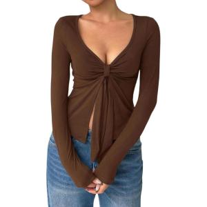 image:imageOYOANGLE Womens Long Sleeve Tie Knot Front V Neck TShirt Split Hem Trendy Tunic Casual Wrap Crop TopsCoffee Brown