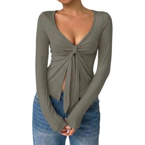 image:imageOYOANGLE Womens Long Sleeve Tie Knot Front V Neck TShirt Split Hem Trendy Tunic Casual Wrap Crop TopsGrey