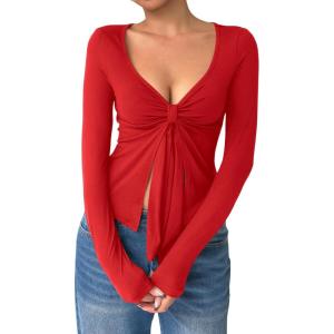 image:imageOYOANGLE Womens Long Sleeve Tie Knot Front V Neck TShirt Split Hem Trendy Tunic Casual Wrap Crop TopsRed
